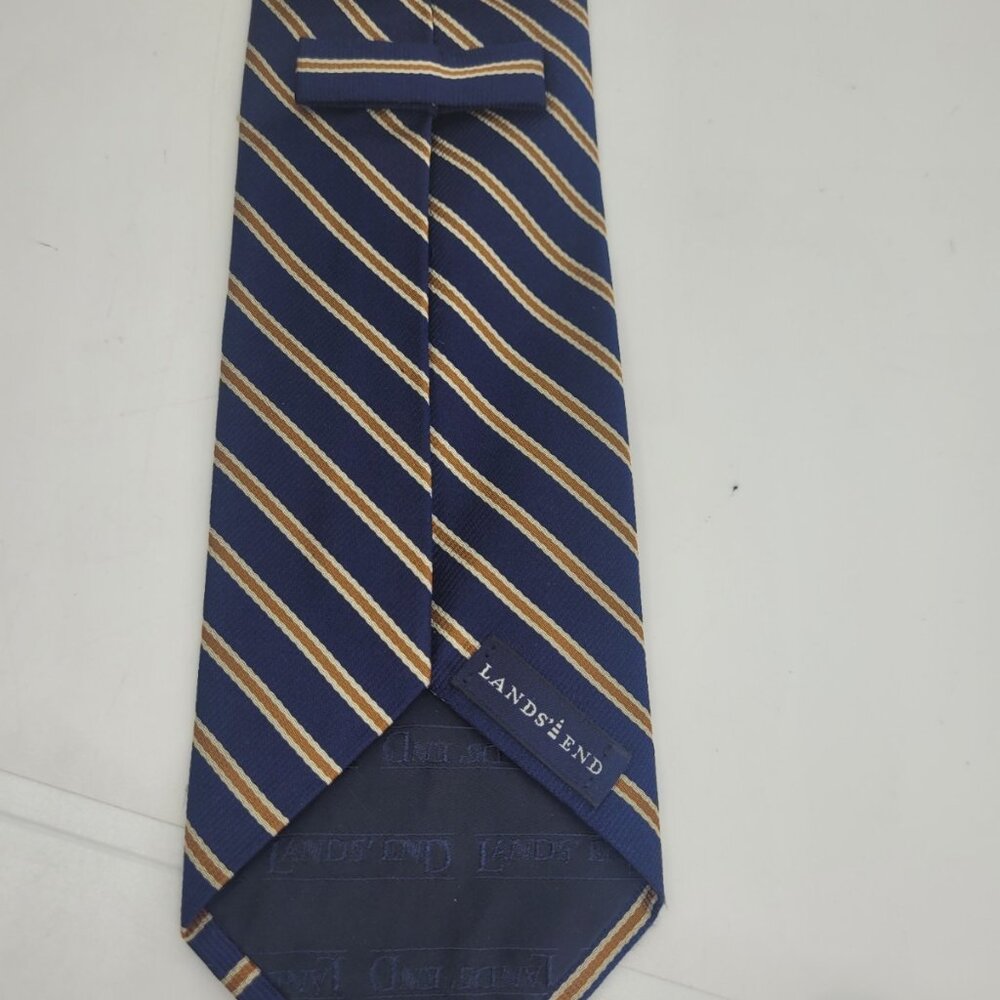 Land's End Mens Silk Repp Tie Navy Blue Gold stripe Old Money Academia Preppy - Picture 4 of 6